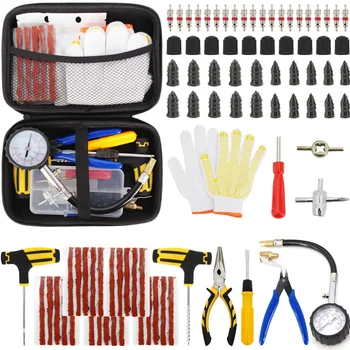 Car Tire Repair Tool Kit Stud Set Auto Bike Puncture Plug Garage Needle Nose Pliers Vacuum Film Nail Screws W/ Storage Case