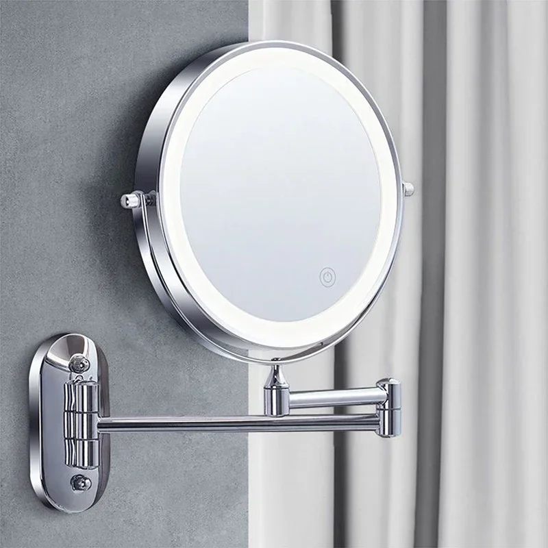 8 Inch Dual Sided 1X/10X Magnifying LED Makeup Mirror 3 Colors Dimmable USB Rechargeable Wall Mounted Extendable Vanity Mirror