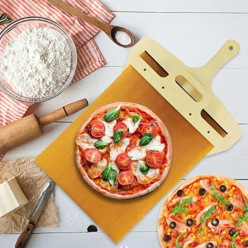 2 PCS Sliding Pizza Shovel Wood Color Kitchen Pizza Tools The Pizza Peel That Transfers Pizza Perfectly Non-Stick