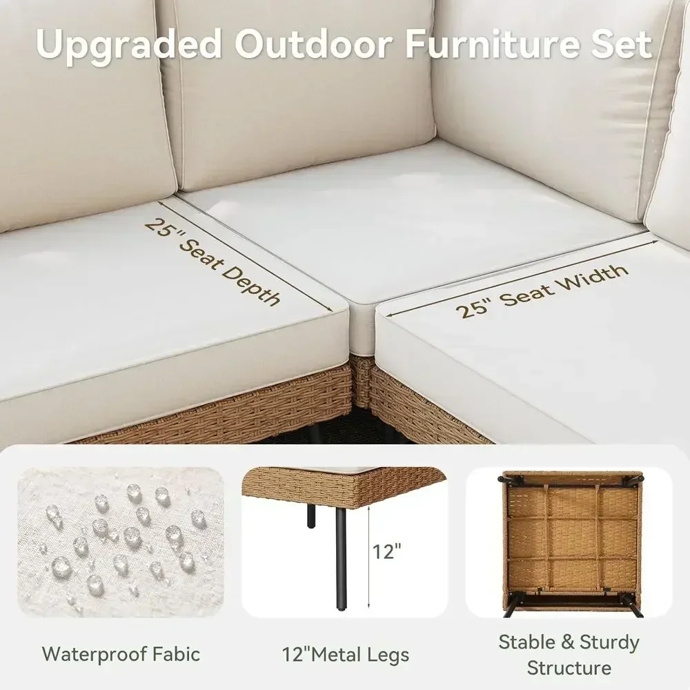 6-Piece Outdoor Sectional Sofa Set with Thick Cushions, Wicker Patio Furniture for Garden and Backyard, Beige