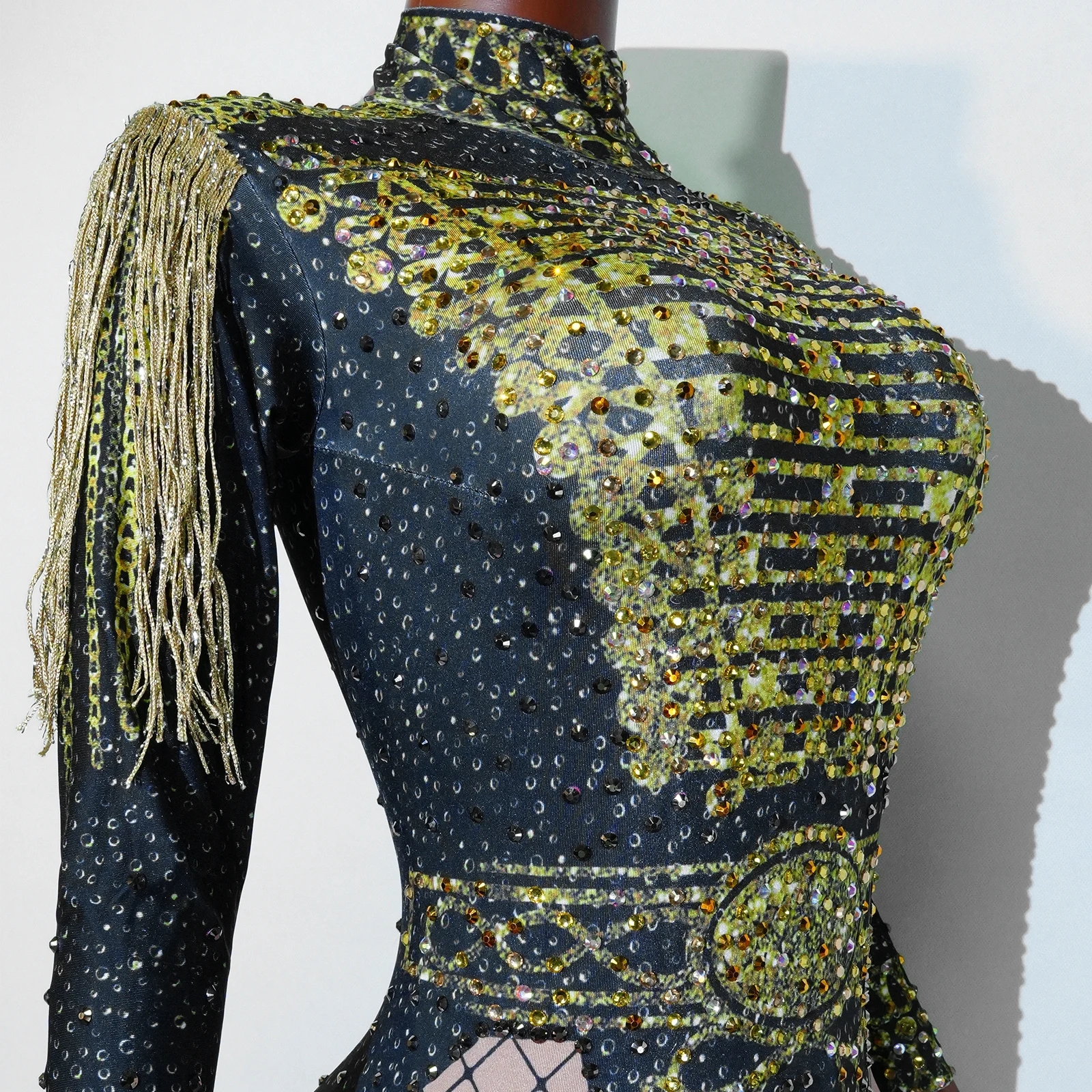 sexy strass scintillanti frange oro body tuta pole dance cantante discoteca performance sul palco costume drag queen abbigliamento