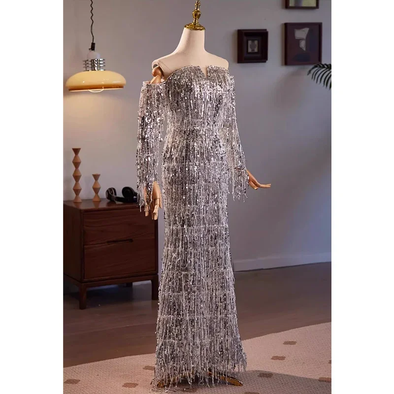 

Evening Dress Gray Sequins Tassel Off the Shoulder Full Sleeves Mermaid Trumpet Floor Length Plus size Women Party Formal Gowns