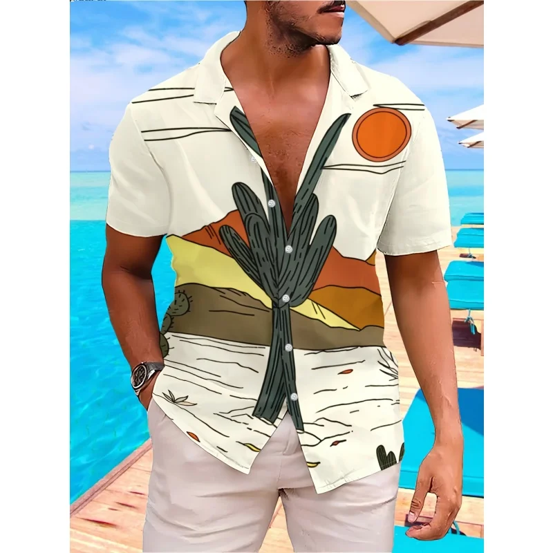 Cute Cat Pattern Hawaiian Shirt For Men Funny Cactus Fish 3D Printed Aloha Shirts Casual Lapel Tops Short Sleeves Unisex Blouses