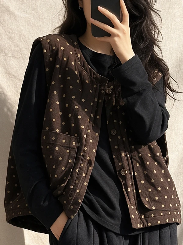 Authentic Women's Autumn Winter Cotton Vest Retro No Sleeve Pure Color Corduroy Artistic Vintage Cotton Jacket for Ladies