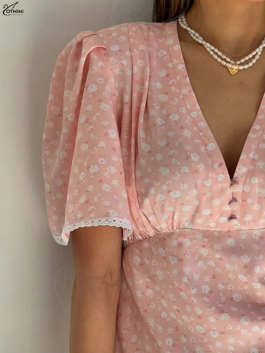 โออิมิมิชุดเดรสพิมพ์ลายสีชมพูหรูหราสำหรับผู้หญิงแฟชั่นคอวีแขนสั้นลูกไม้กระดุมชุดลำลองเอวสูงมินิเดรสหญิง