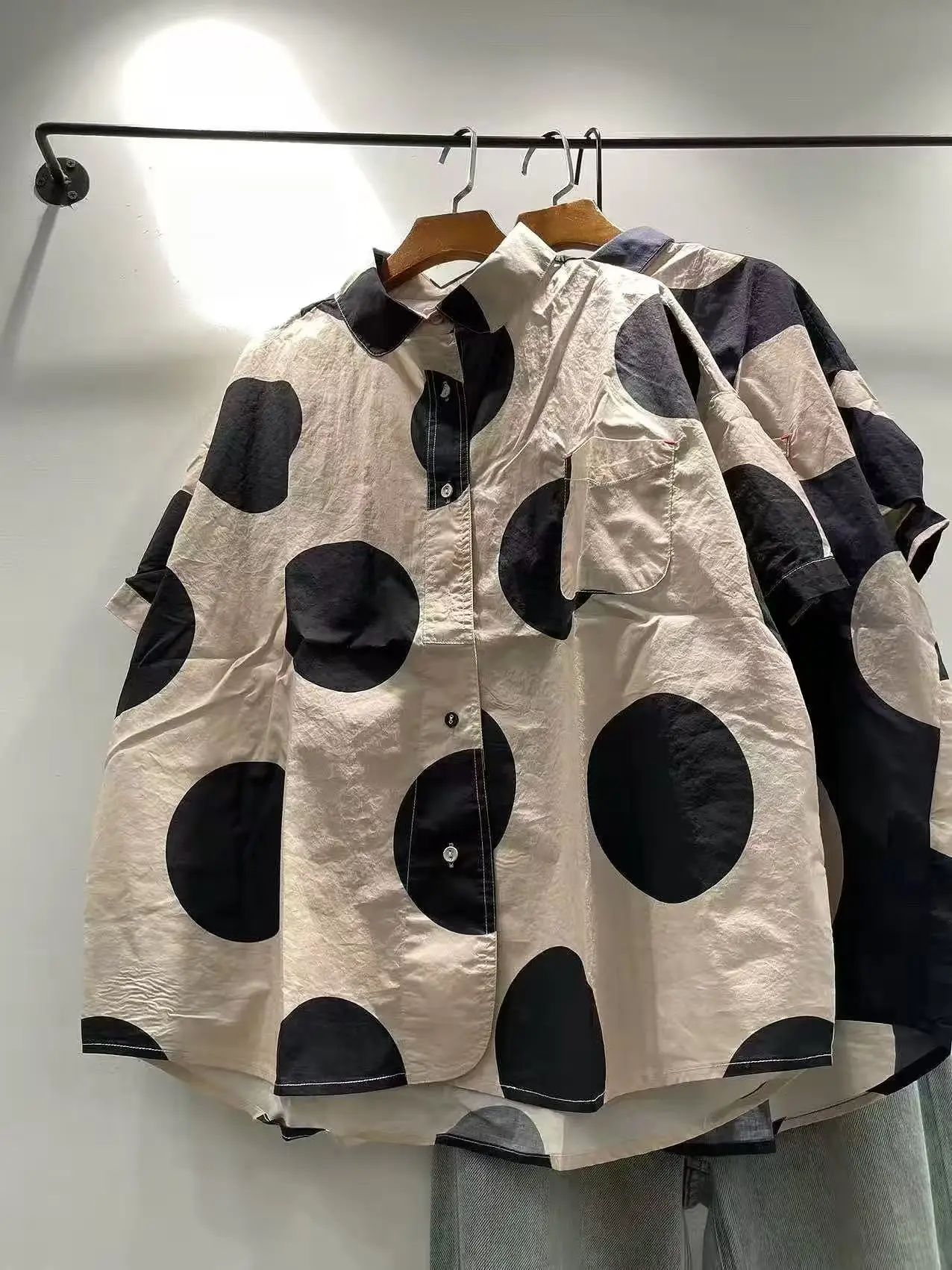 Bust 128cm plus size polka dot print shirts for women Japanese harajuku fashion summer 100% cotton short sleeve blouses