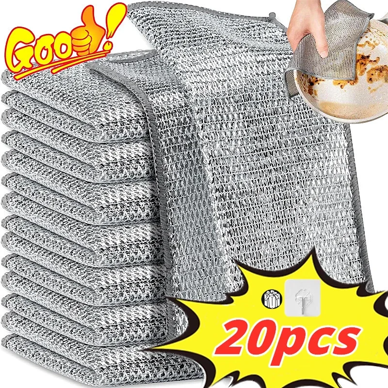 Chiffons en fil d\'acier double face épais pour livres magiques, cuisine, vaisselle, pot, lavage, serviette, outils de nettoyage, gril, métal, 1, 20