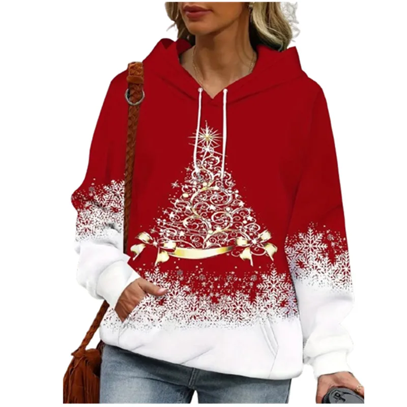 Women\'s Hooded Sweatshirts Winter Christmas Theme Tree Pattern Streetswear Fashion Long Sleeve Hoodies Casual Loose Pockets Tops