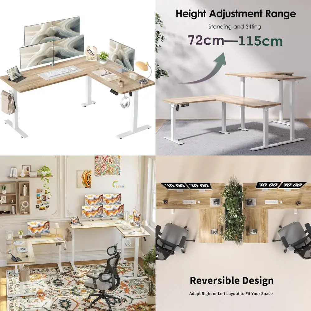 Meja Berdiri Sudut Tinggi Dapat Disesuaikan Elektrik, Meja Komputer Duduk-Berdiri 63" x 55" dengan Papan Sambungan