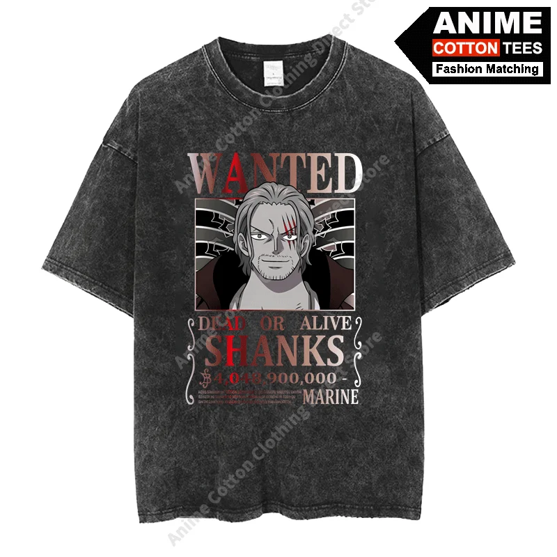 

Anime ONE PIECE - WANTED Red Hair Shanks Print T Shirt Harajuku Hip Hop Street Men Women Short Sleeve Cotton Vintage Loose Tees