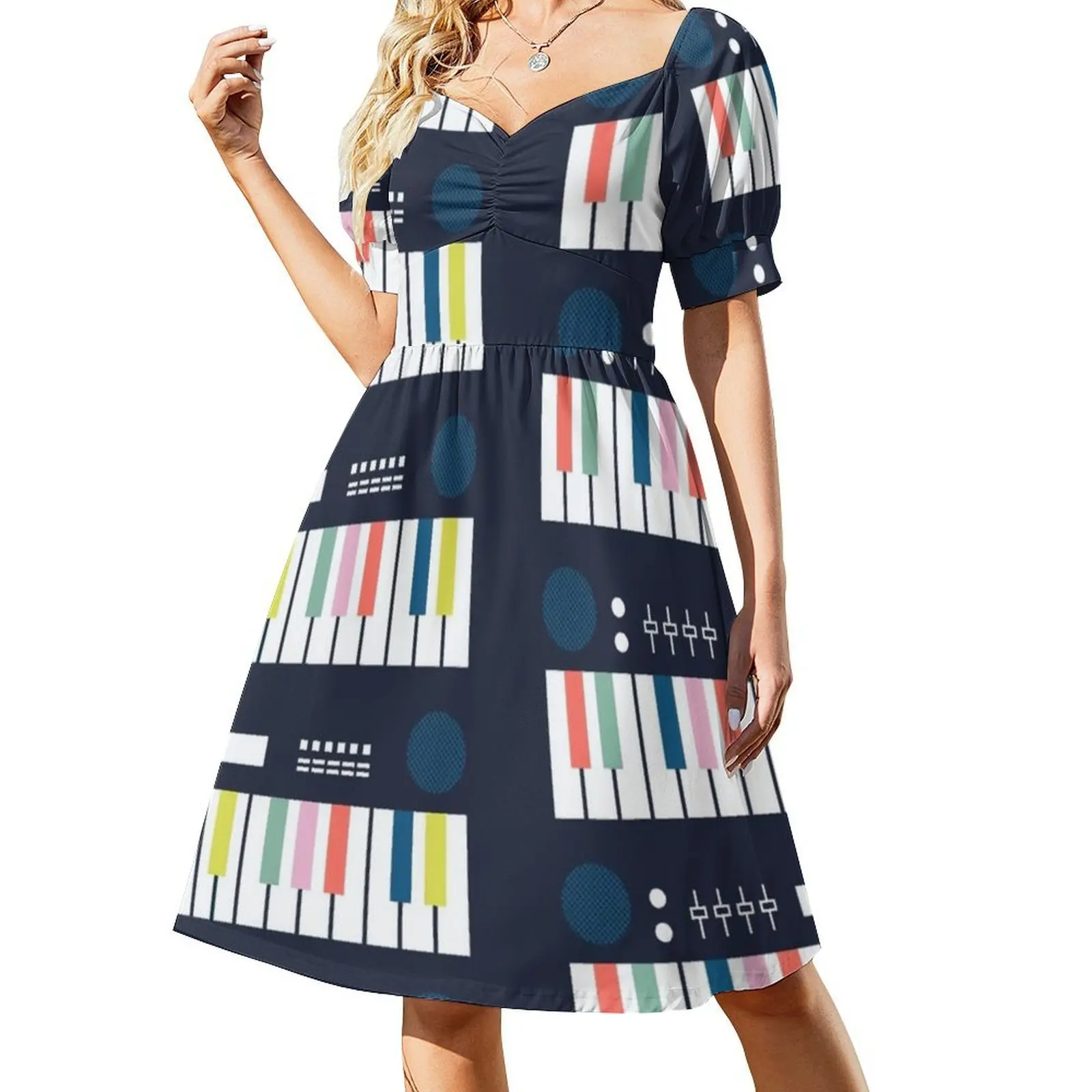 Abito sintetico con scollo a cuore Abito elegante da festa estivo per donna Abito sintetizzatore sintetizzatore di musica elettronica anni '80