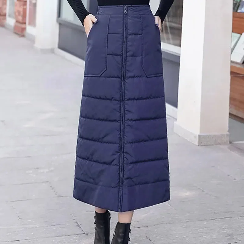 

Autumn Winter Zipper Skirts Women Long 20223New Elegant Down Cotton Skirt Warm Winter Elastic Waist Pocket A-Line Skirt Female