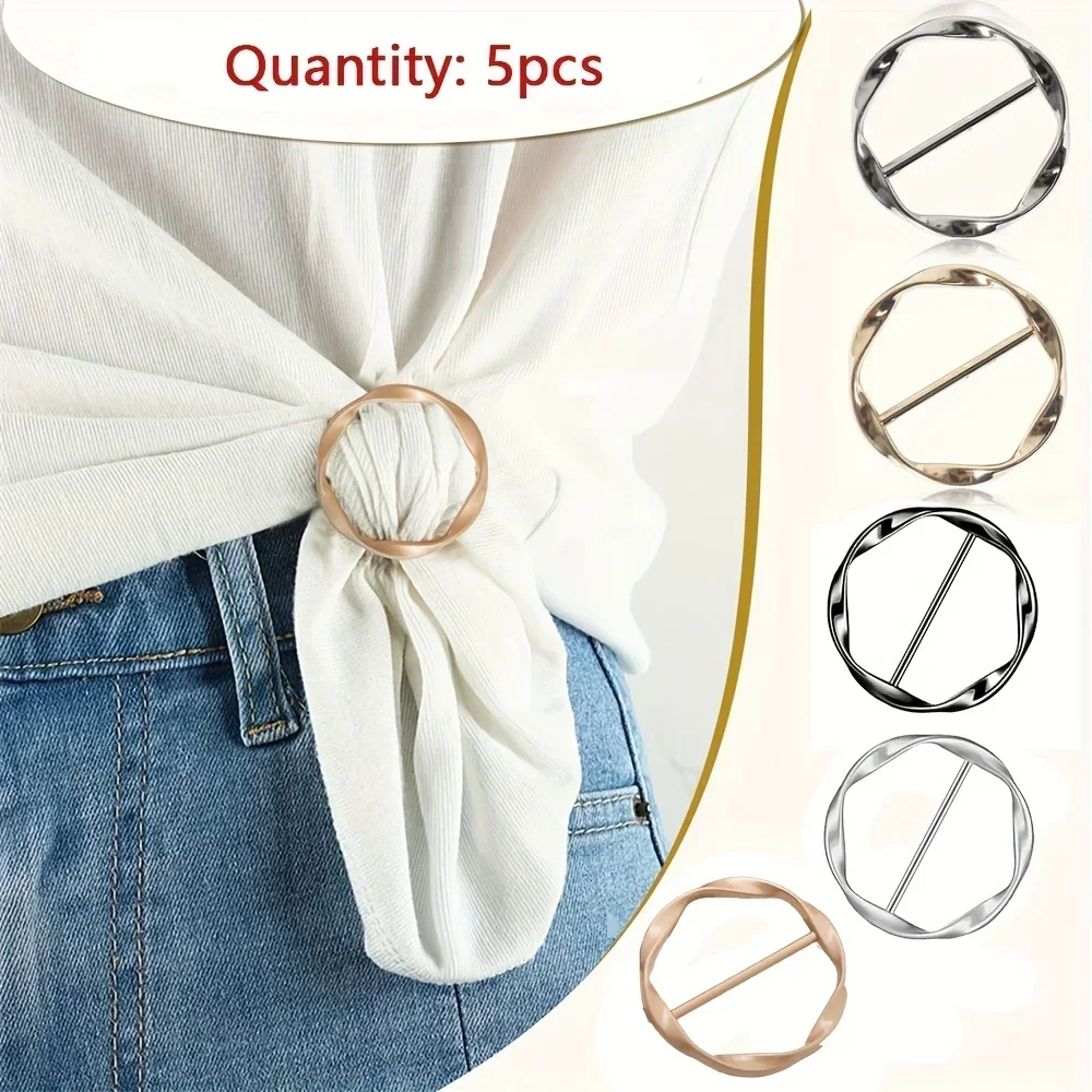 

5pcs Fashion Metal Round Circle Clip Buckle Shawl T-Shirt Tie Clip Brooch Waist Buckle Versatile Clothing Ring Wrap Holder