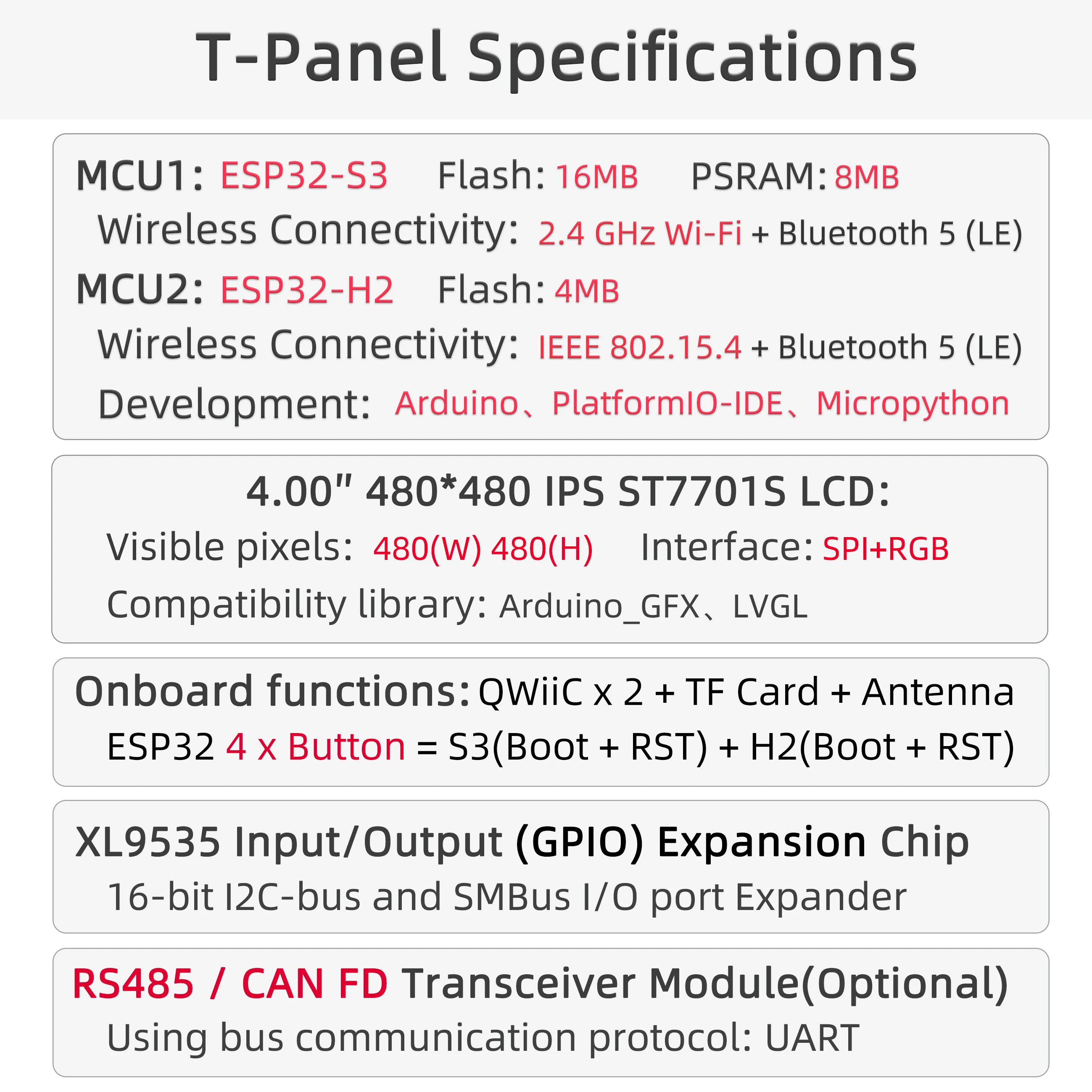 Imagem -05 - Lilygo T-panel 4.0 Polegadas Lcd Esp32-s3 Esp32-h2 Placa de Desenvolvimento Mcu Duplo 480*480 Spi Mais Rgb Tela Wifi Módulo Bluetooth