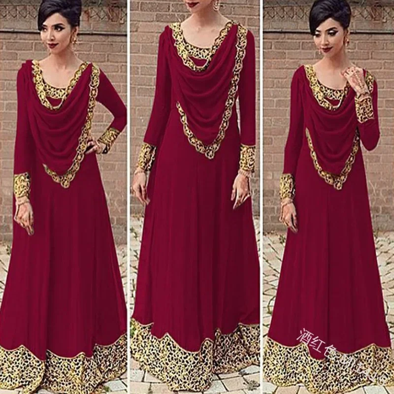 Muslim Lace Stitching Saudi Long Sleeve Dress Dubai Islam Middle East Pakistan Malaysia Turkey Women Islamic Clothing CMM221