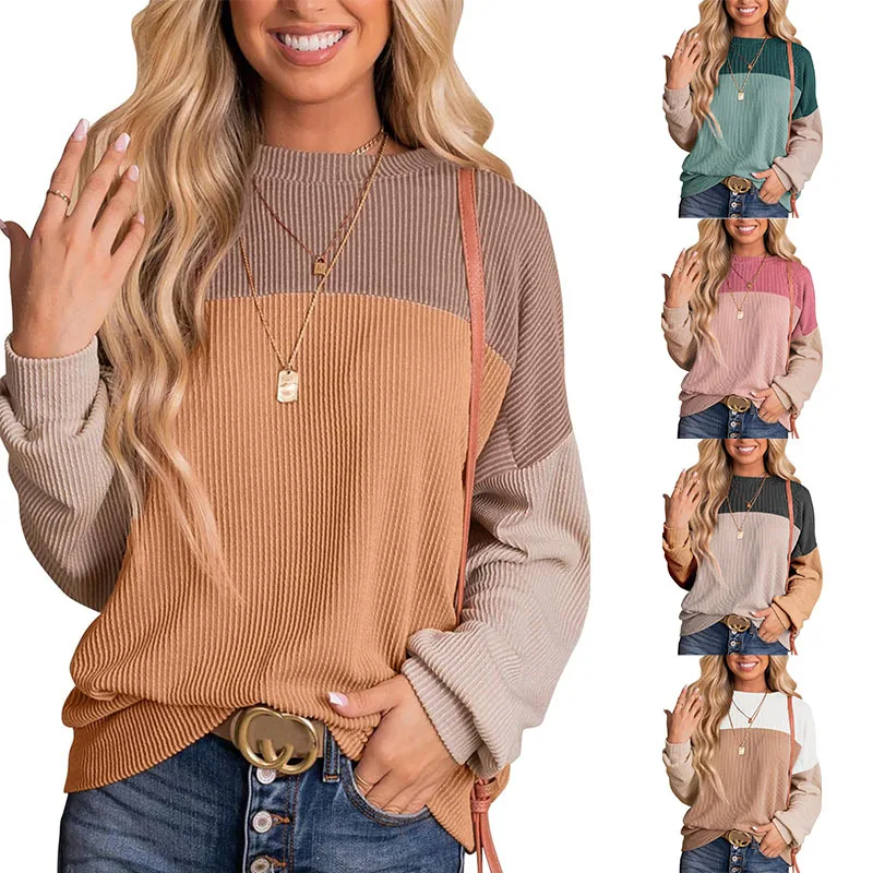 

Color Block Ribbed Long Sleeve Tops for Woman Clothing Autumn Streetwear Casual Loose Fit Shirt