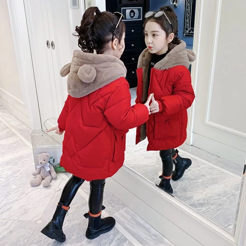 Winter Thicken Girls Jacket New Fashion Keep Warm Long Parkas Cute Bear Hooded Outerwear Birthday Gifts 4-12 Years Kids Clothes