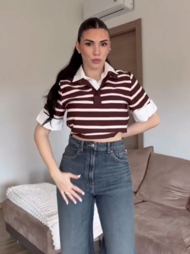 HH 2026 Women's Elegant Striped Stitching POLO Collar Top Female Commuting Versatile Casual Short Sleeve Pullover T-shirt Mujer