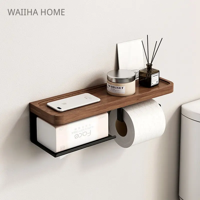 Toilet Paper Holder with Black Walnut Shelf for Bathroom Wall Mounted Toilet Paper Tissue Holder Double Roll Black Phone Rack