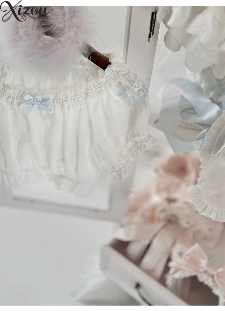 2025 été femmes hauts pour filles japonais français Lolita doux un mot épaule bulle manches haut nœud fête d'anniversaire nœud intérieur