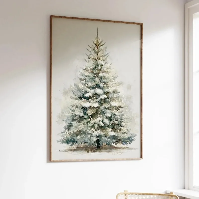 Winter Christmas Tree Canvas Wall Art Snow Dust Pine Tree Minimal Farmhouse Xmas Holiday Home Wall Print Unframed Canvas Poster