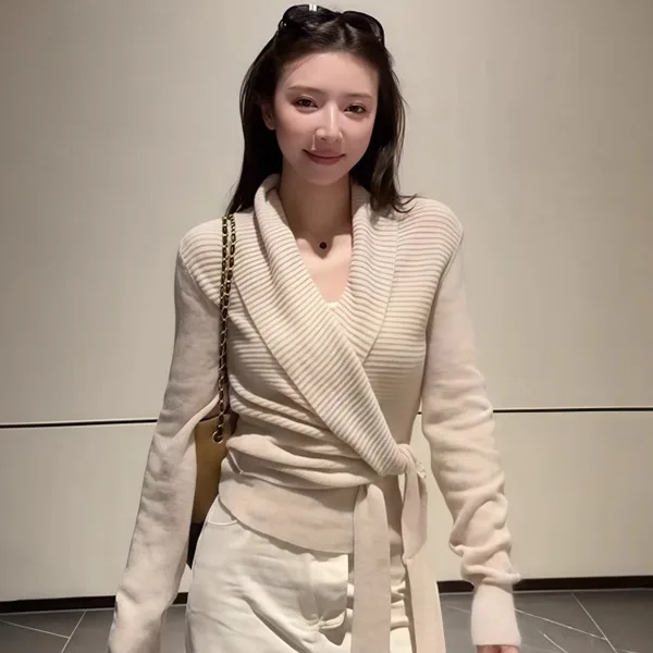 

Korean mat V-ne Cross Tie Knitwear Women's Loose Long Sve Top Ele Autumn New Sle Comfortable Faionable