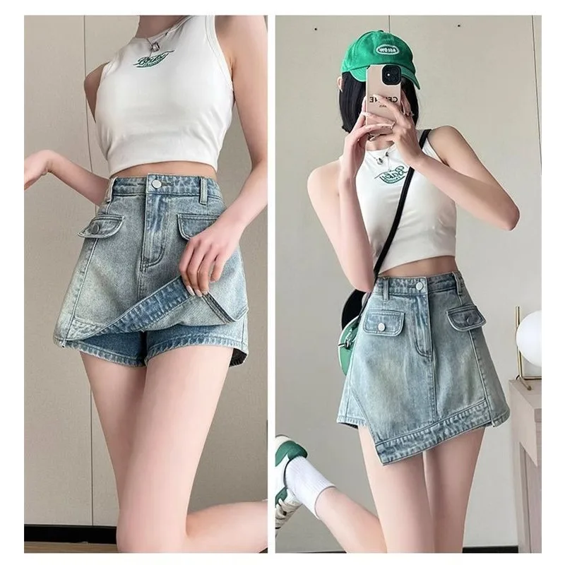 المضادة للتعرض الدنيم السراويل تنورة للنساء الصيف عالية الخصر ألف خط تنوعا واسعة الساق تنورة قصيرة السراويل #5