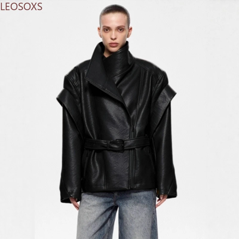 

Retro PU Leather Stand Collar Jacket Women Fashion Classic Single Breasted Black Belt Jackets Female Autumn Chic Street Outwear