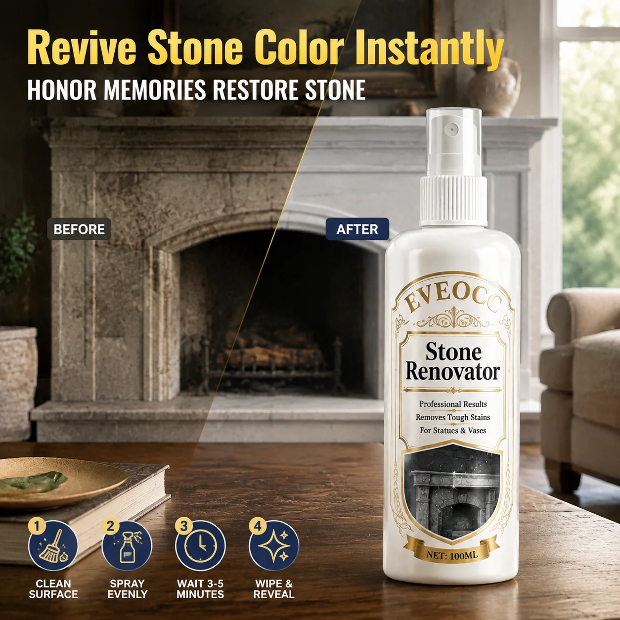 EVEOCC Stone Surface Renovator Spray, Multi‑Purpose Tough Stain Cleaner Restorer for Stone Statue Vase Decor