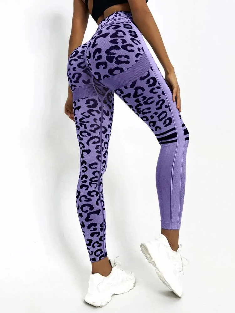 Women Leopard Seamless Yoga Pants High Waist Lifting Hip Honey Peach Hip Fitness Pants Yoga Suit Tight Running Sports Pants