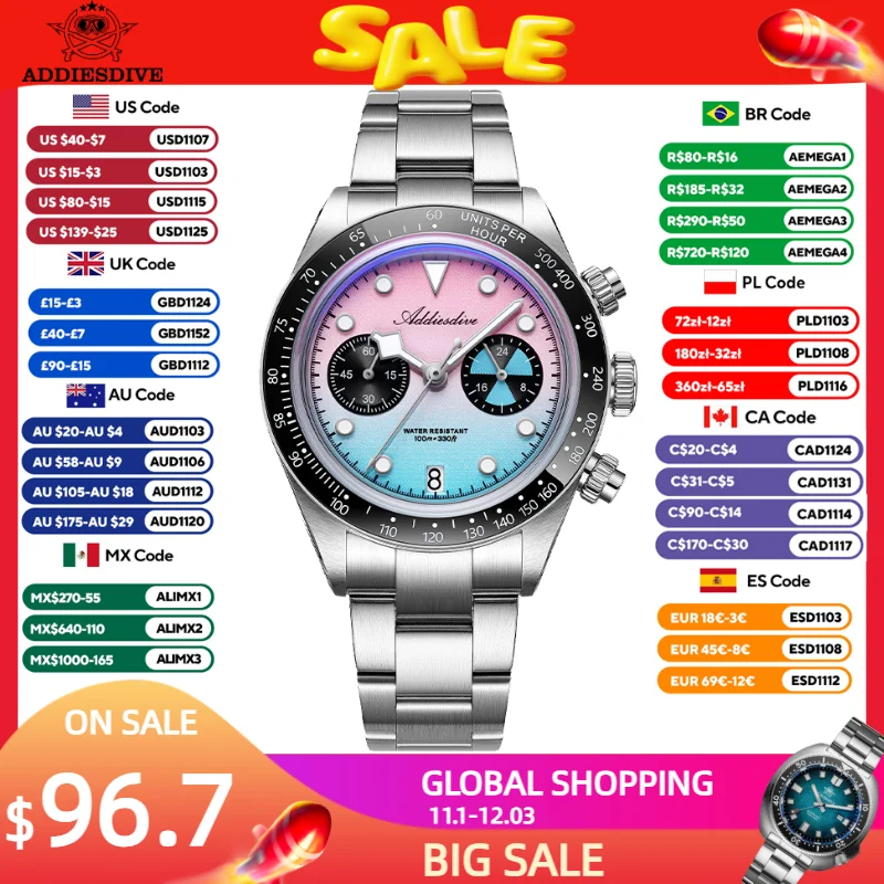 ADDIESDIVE 2026 New Quartz Wristwatch AD2559 Luxury VK64 Chronograph Men Watch Ceamic Bezel BGW9 Luminous Dive 10Bar Waterproof