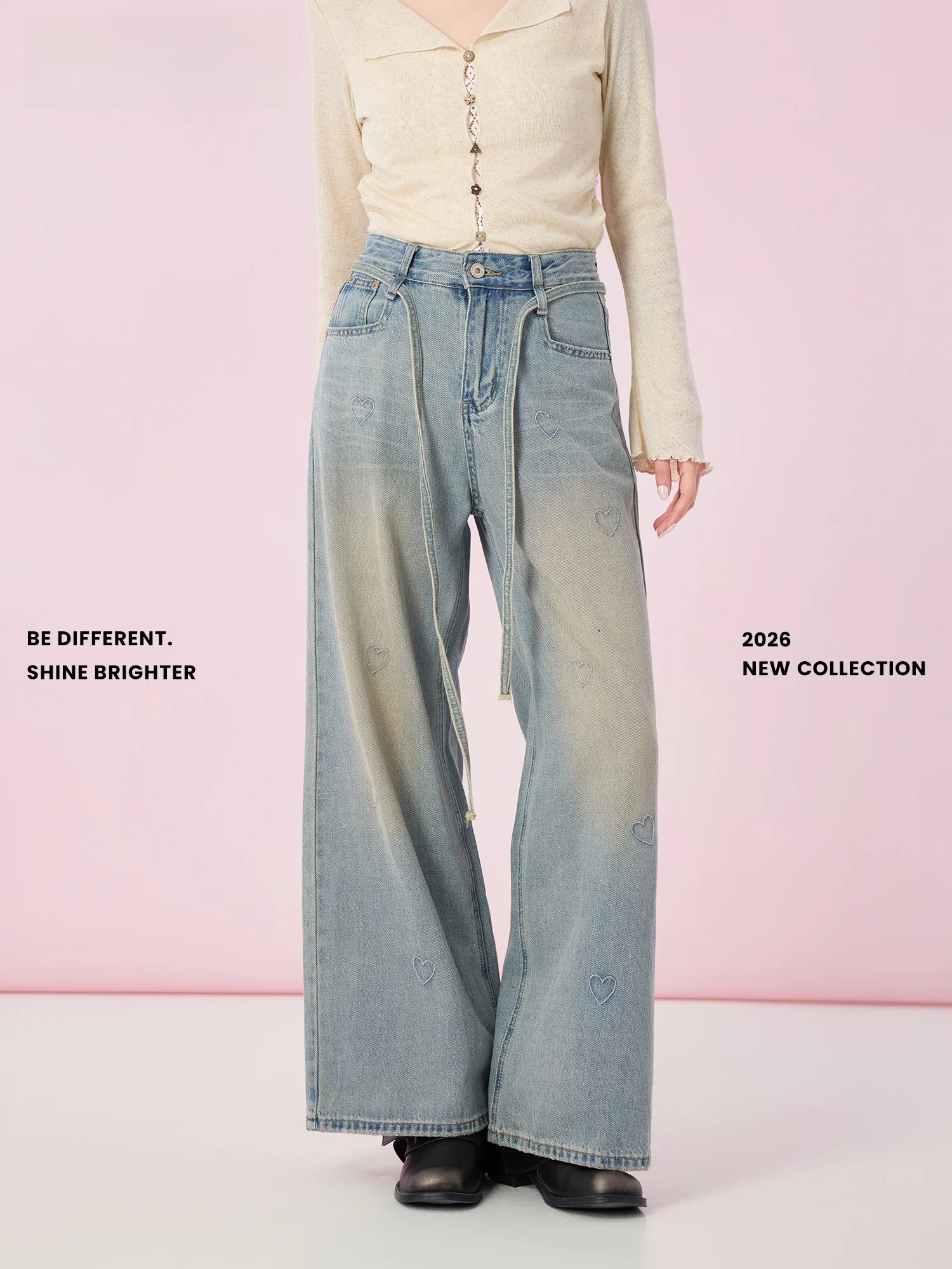 

Ретро джинсы с широкими штанинами и эффектом потертости, новые, весенние, синие, женские повседневные длинные брюки с узором в виде сердец, хлопок, с завышенной талией