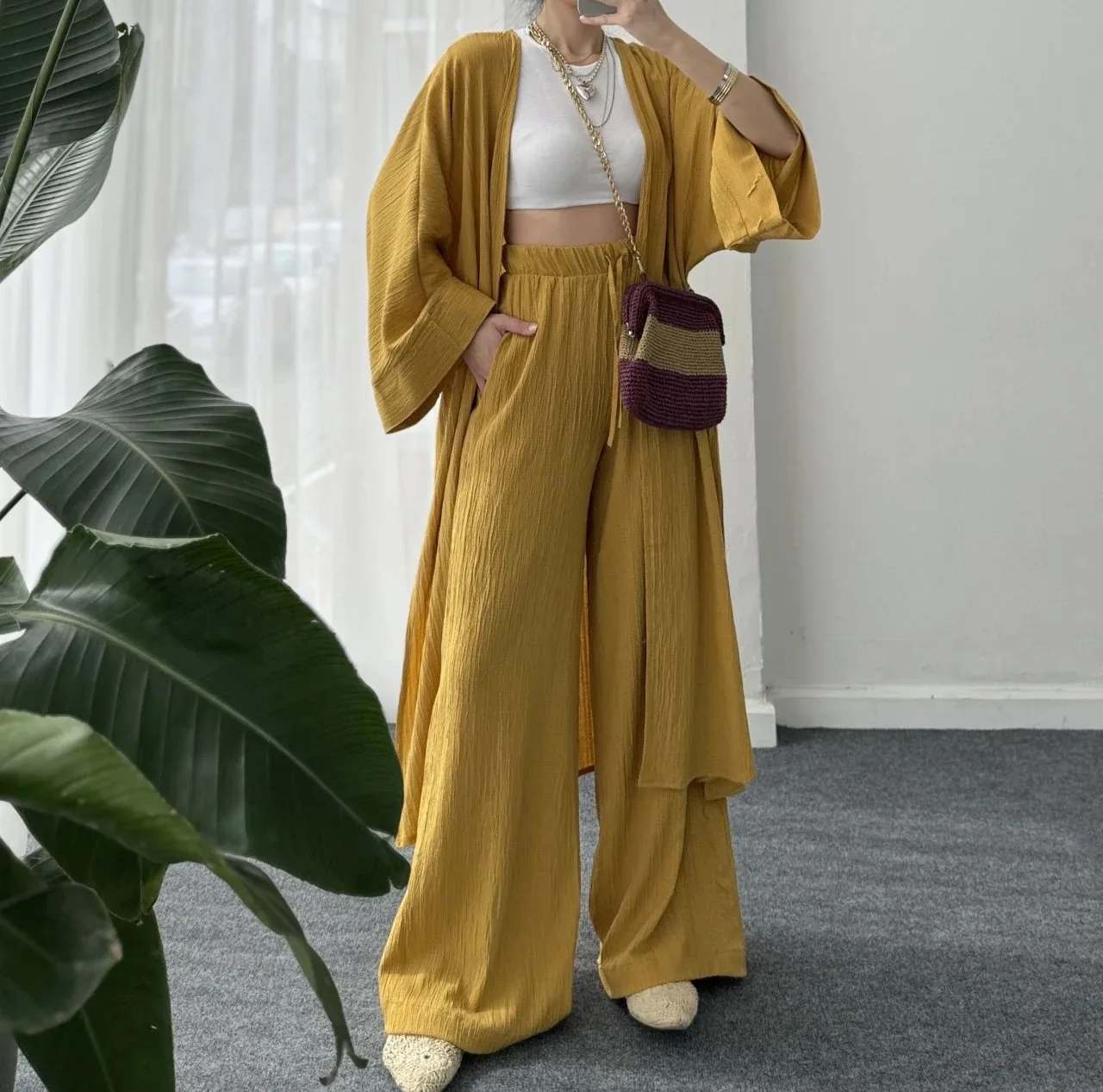 Autumn Fashion Loose Two Piece Set Women Muslim Pleated Texture Long Cardigan Top + Casual Wide Leg Pants 2 Piece Suit Women's