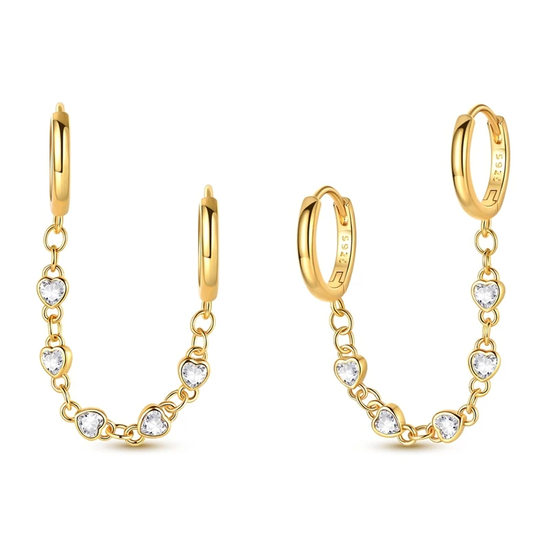 

925 Sterling Silver Earrings Women Sparkling Golden Heart Chain Drop Earring For Anniversary Wedding Jewelry Gifts