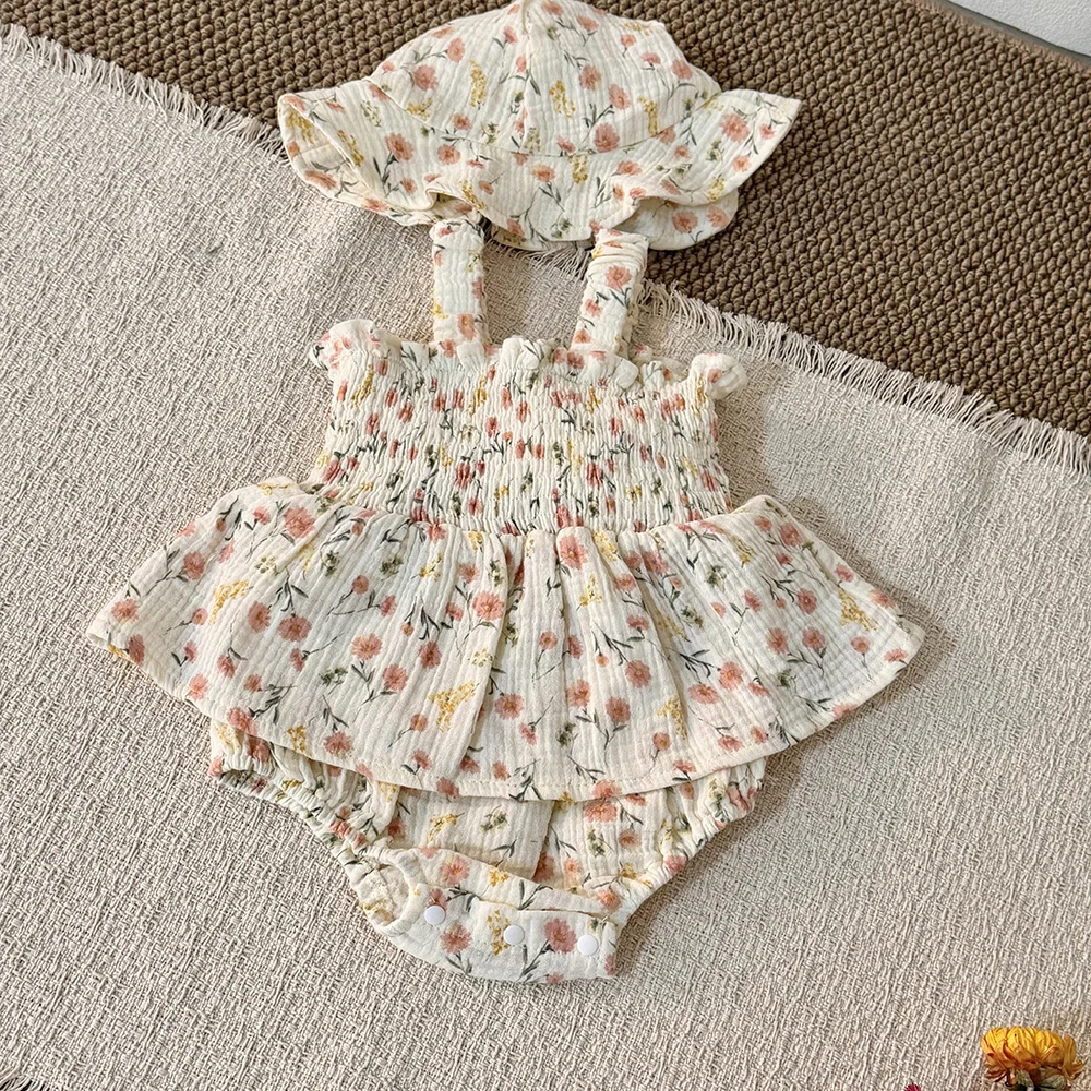

Summer Baby Cotton Bodysuit 3-18M Full Print Flower Toddler One Piece Thin Floral Infant Girls Straps Jumpsuit +Hat