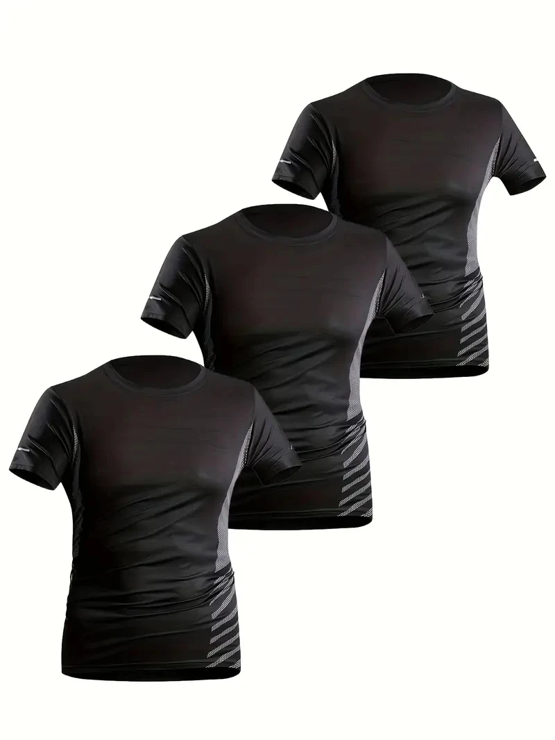 

Three Pieces Sets Solid Color Men's T-Shirts Outdoor Run Fitness Sports Short Sleeve Summer Quick Dry Breathable Tops Loose Tees