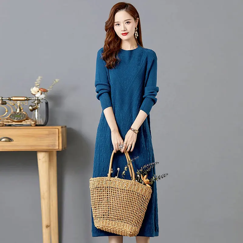 

New Pulls Femmes O-neck Long Sleeve Knitwear Dress Woolen Winter Clothes Woman Loose Pullover Jumper Spring Autumn Sweater