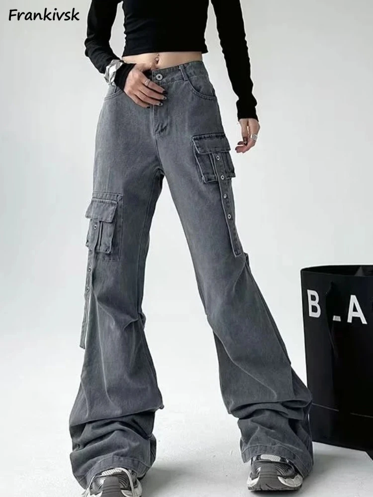 

Cargo Jeans Women American Retro Multi Pockets Washed Denim Trousers Autumn High Street Hip Hop Prevalent Mopping Schoolgirls