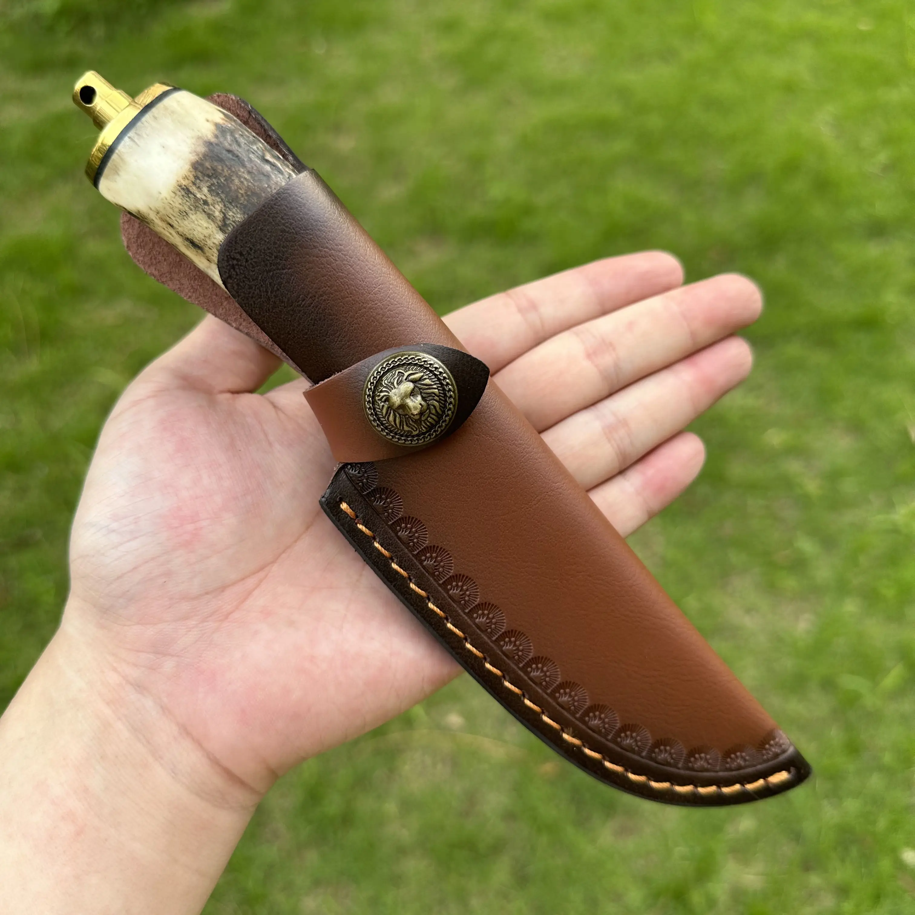 Topwell Handmade Collection Knife Damascus VG10 Blade Antlers&Copper Handle Super Sharp Solid Kraft First layer Leather Sheath