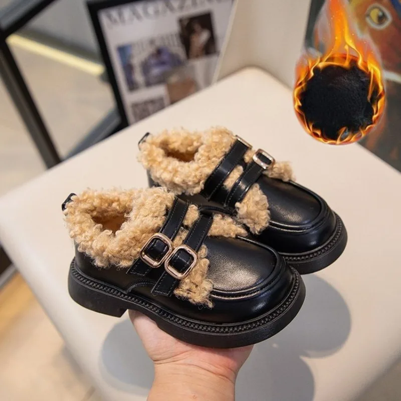 Girl Shoe Kid Lamb Fur Plush Leather Shoe Winter British Warmth Cotton Shoe Fashion Princess Loafers Shoe Kid Shoe Mary Jane