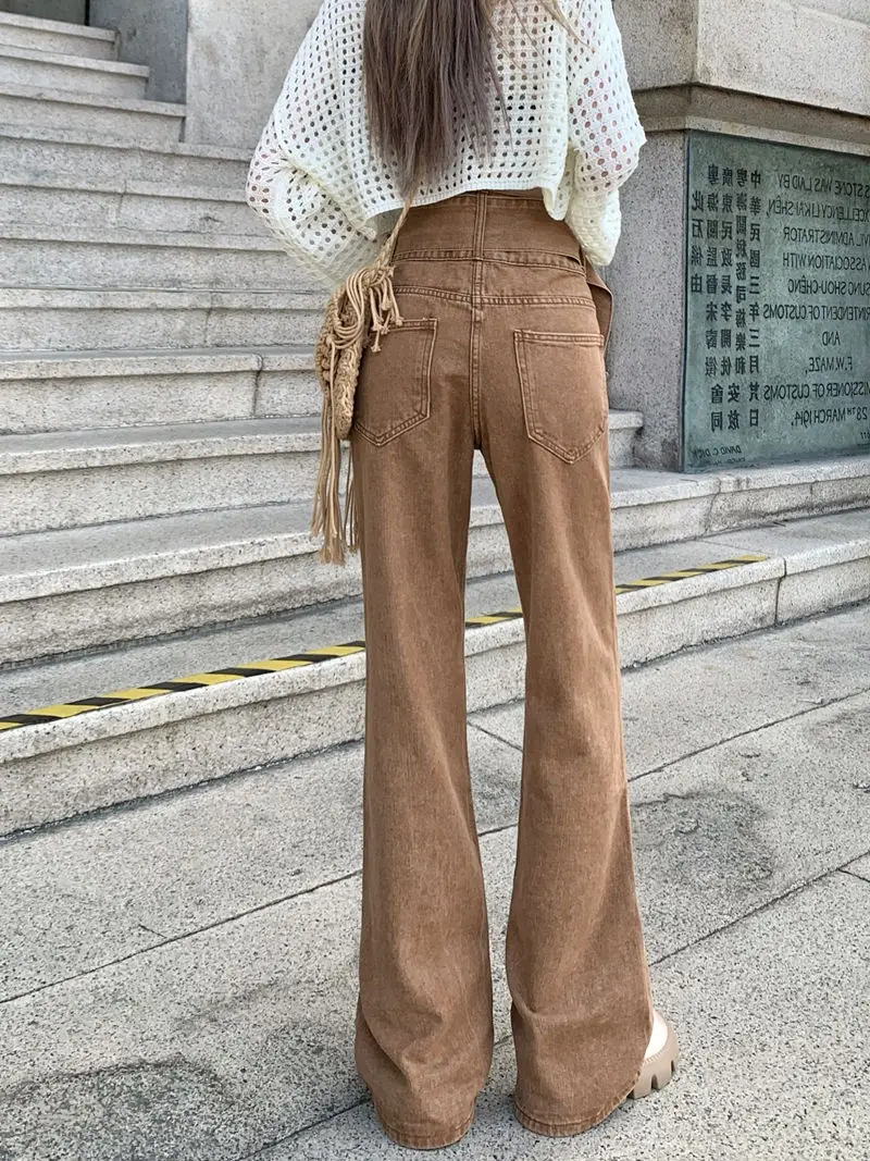 American Retro Micro-Launched Jeans Women'S High Waist Autumn Winter Design Sense Niche Brown Straight High Street Pants Tide