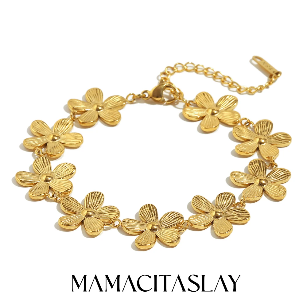 MamacitaSlay Elegantes 316L Edelstahl Blumenkettenarmband Party Wasserdichter Handgelenkschmuck Damen 18K vergoldetes Armband