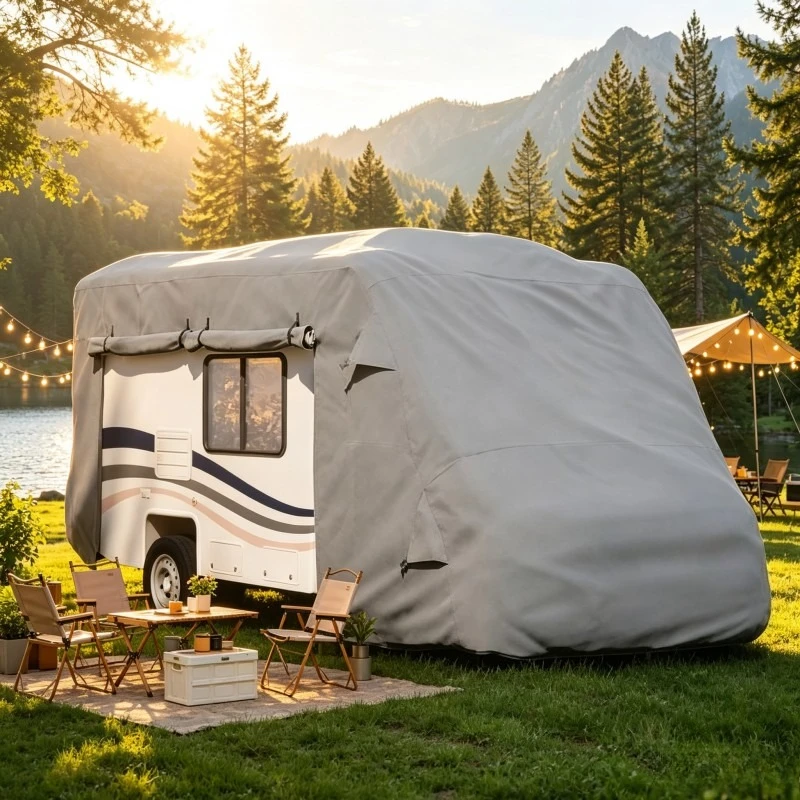 Housse de protection pour camping-car et motorhome 570x235x275cm grise en tissu non-tissé, respirante, résistante aux intempéries, anti-poussière, pour le stationnement extérieur, le stockage hors saison, les voyages nomades, durable toute saison