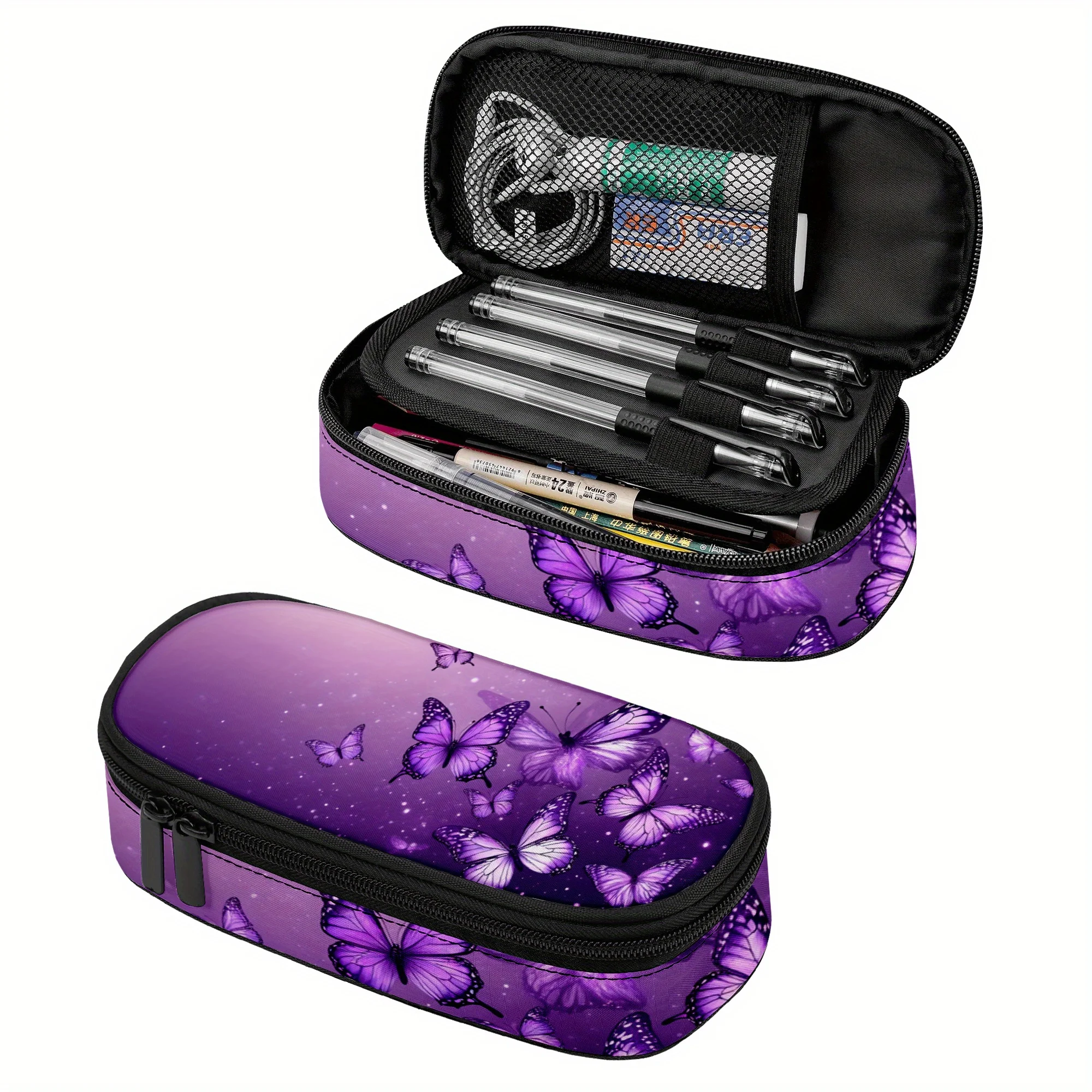 Pencil Case with Purple Butterflies, Violet Wings Pencil Pouch, Mystic Insects Pencil Bag Featuring a Zipper Compartment