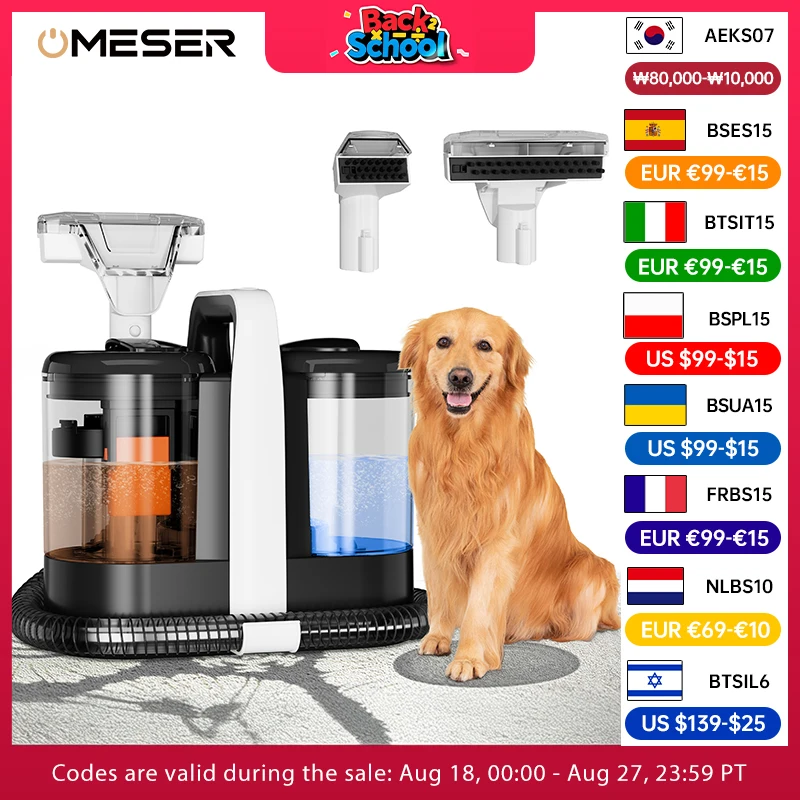 OMESER W07 Pulitore per tappeti portatile 600W 15Kpa Macchina per la pulizia dei punti con filo Tappeto in tessuto bagnato Pulizia del divano Auto portatile per animali domestici