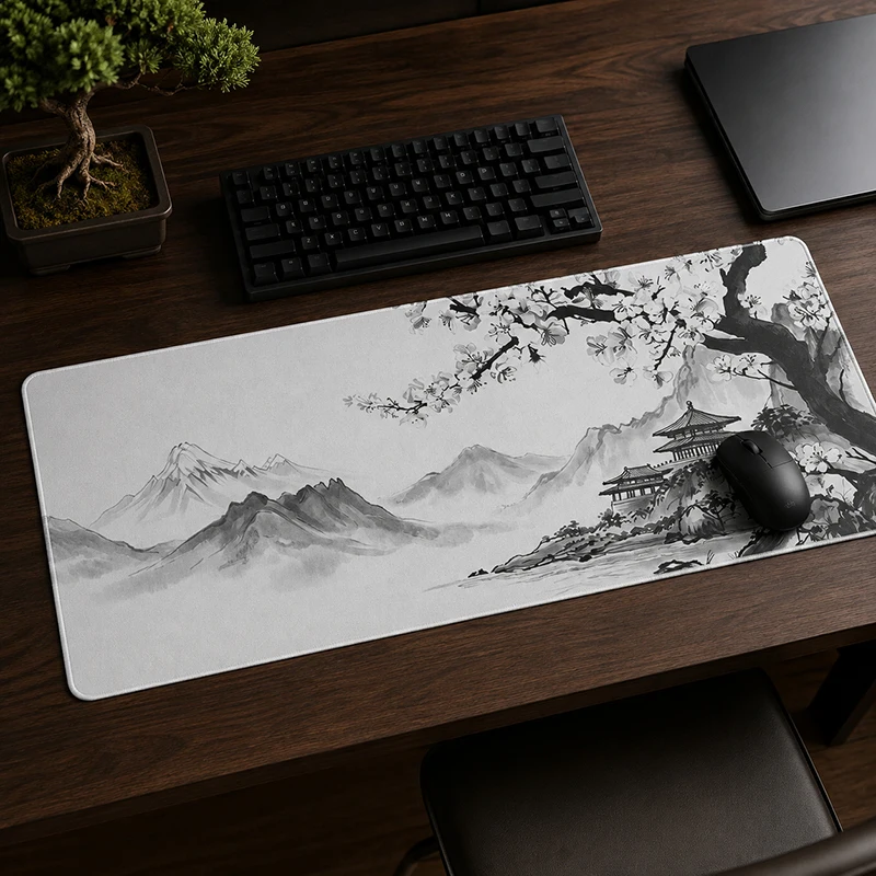 Tapis de souris noir et blanc, motif de fleurs de cerisier en aquarelle, impression à la demande, tapis de souris XXL, tapis de bureau antidérapant.