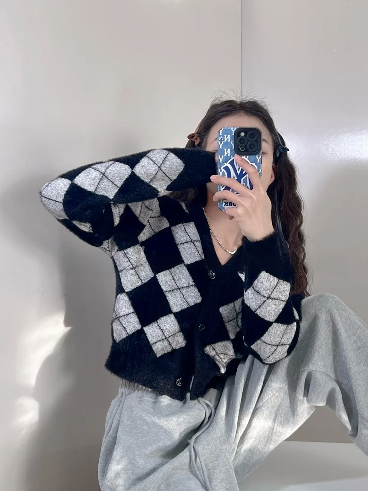 

Briti Faion Diamond вязаный свитер женский винтажный с v-образным вырезом из искусственного меха ор открытый кардиган для поездок на работу Long Sve свободного покроя