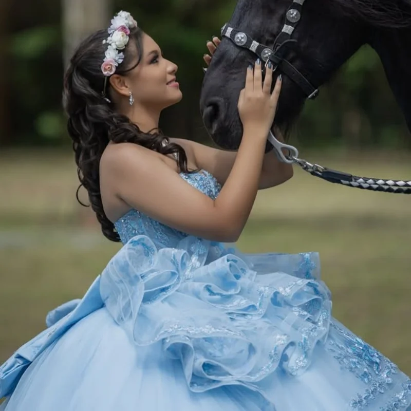 

Blue Quinceanera Dress off-shoulder Crystal Sequin Decal Lace Layering Long tail Bow vestidos de 15 Quinceanera ﻿Customized