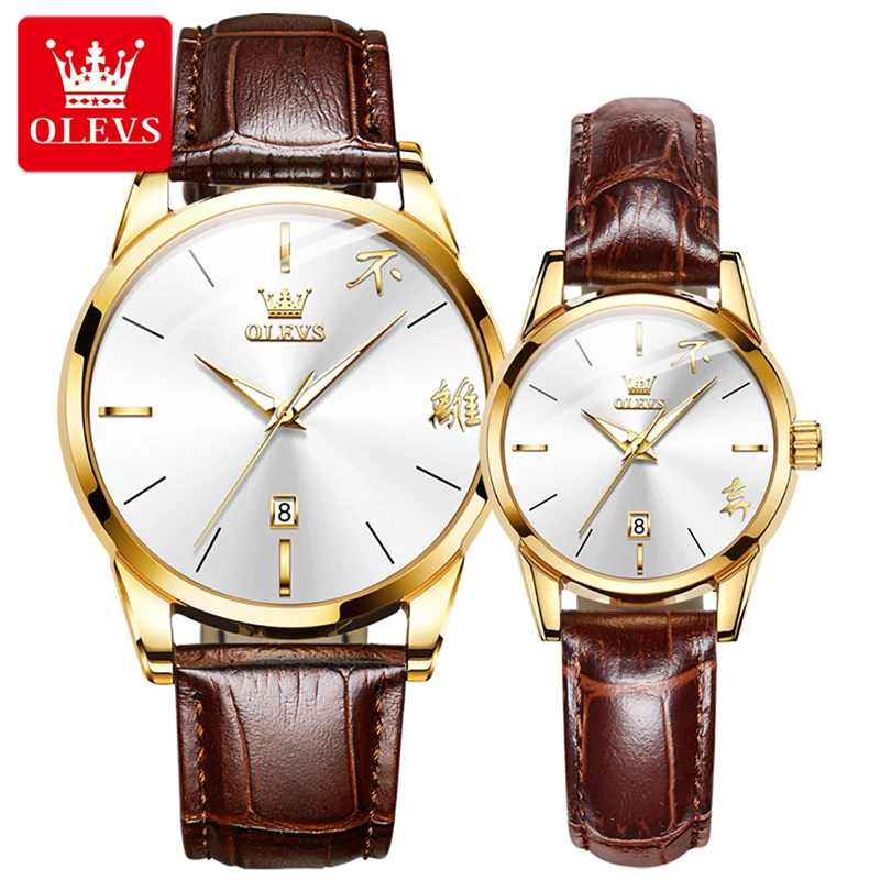 OLEVS-Montre à quartz étanche en cuir pour hommes et femmes, montres-bracelets pour amoureux, mains shoes, calendrier, couple, tout neuf, mode