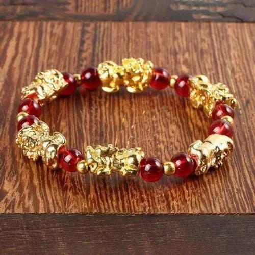 Feng Shui Obsidian Stone Beads Bracelet Wristband Gold Color Customizable Lucky Wealth Pixiu Red Garnet DIY Accessories Textile